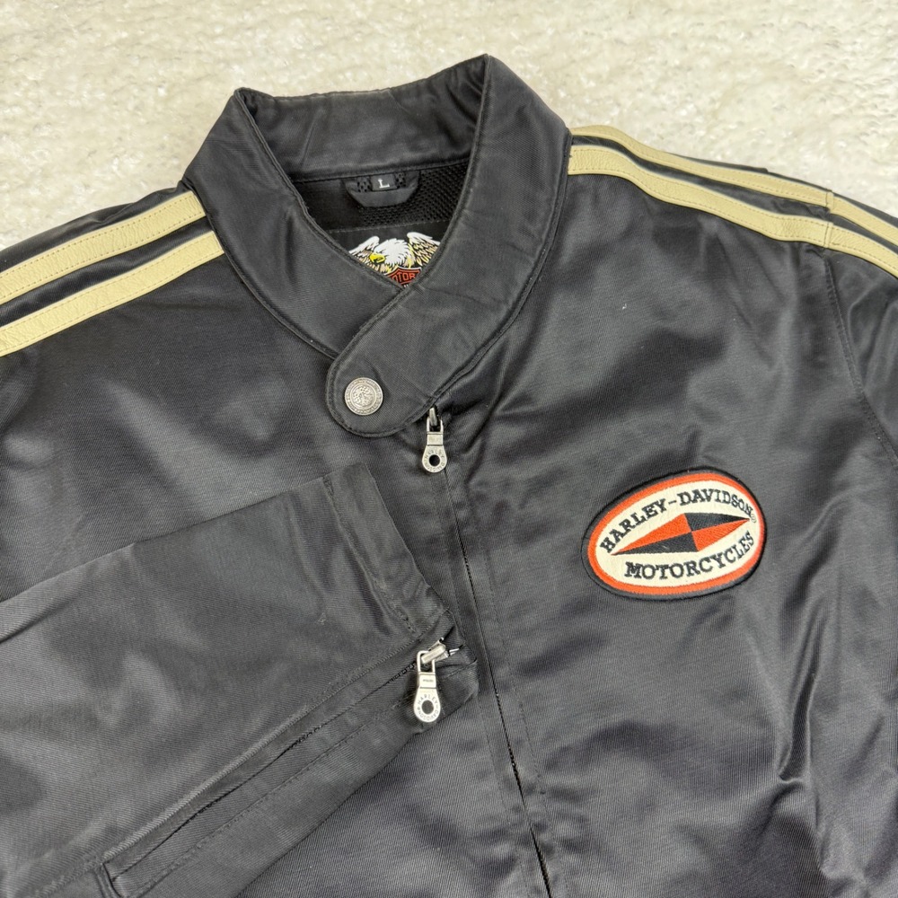 Harley-Davidson Riding Jacket Mens Large Nylon Black Leather Trim Racing Stripe
